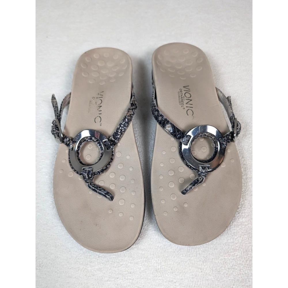 Vionic Amber Sandals Women 9 Grey Snakeskin Excellent Thong Womens - Picture 2 of 8